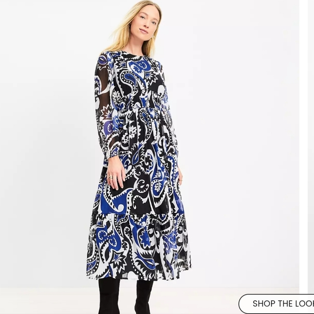 LOFT PAISLEY MAXI DRESS NWT SZ4. BLUE BLACK. SHEER SLEEVES
